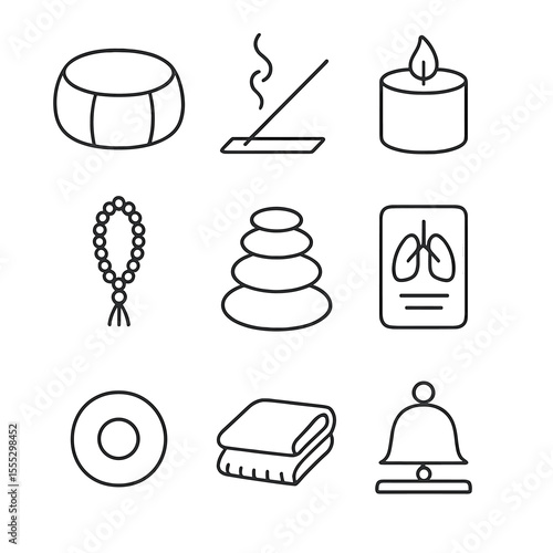 Heart Meditation Icons. Line style icons of Heart Meditation Tools: meditation cushion, incense stick, calming candle, mantra