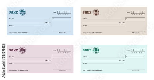  Collection of bank check template isolated on a white background