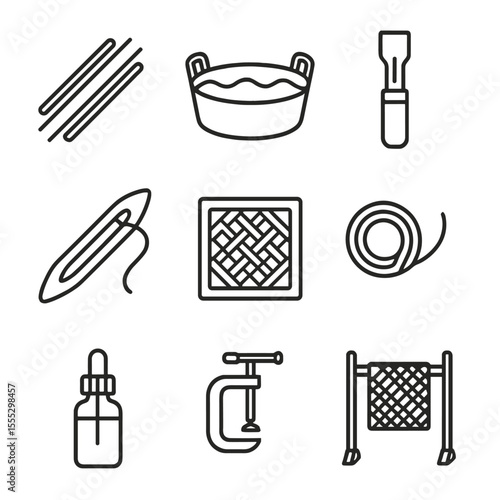 Bamboo Weaving Icons. Line style icons of Bamboo Weaving Crafts: bamboo strips, soaking tub, splitting tool, weave shuttle,