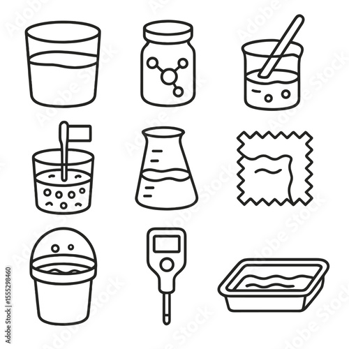 Indigo Dyeing Icons. Line style icons of Indigo Dyeing Process: indigo vat, reducing agent jar, dipping stick, fermentation marker