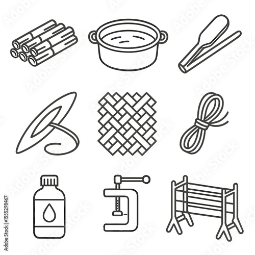 Bamboo Weaving Icons. Line style icons of Bamboo Weaving Crafts: bamboo strips, soaking tub, splitting tool, weave shuttle,