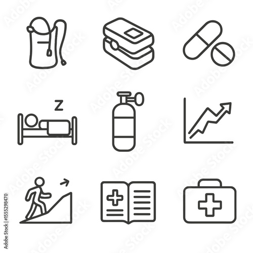 Altitude Sickness Icons. Line style icons of Altitude Sickness Treatment: hydration pack, pulse oximeter, medication pills, rest