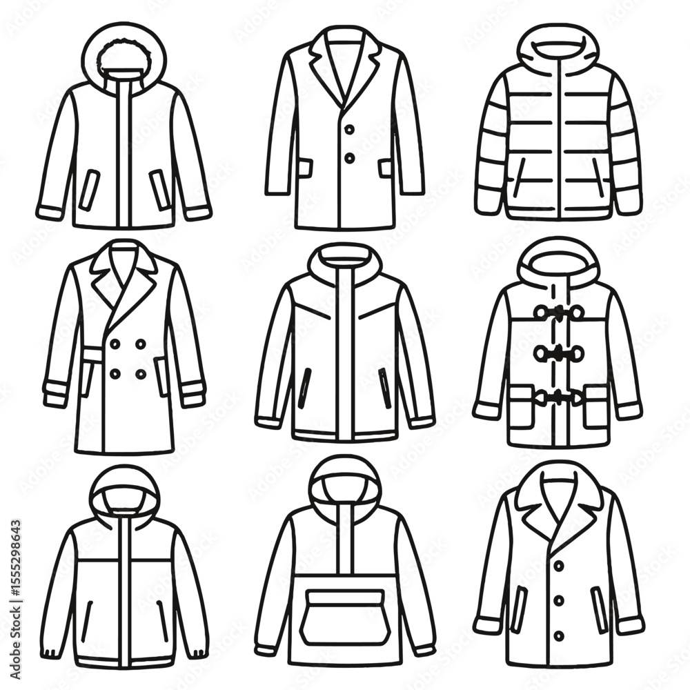 Winter Outerwear Icons. Outline style icons of Winter Outerwear Silhouettes: parka jacket, wool coat, down puffer, trench coat, Winter Outerwear Icons. Outline style icons of Winter Outerwear Silhouettes: parka jacket, wool coat, down puffer, trench coat,