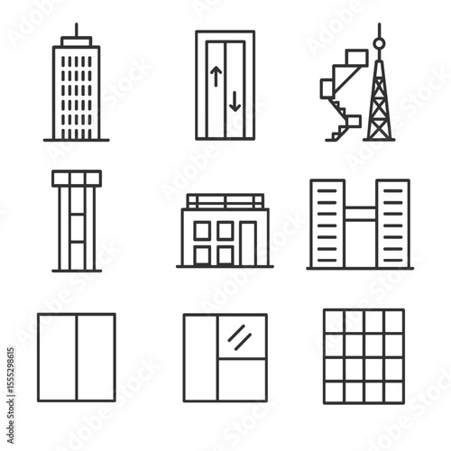 High-Rise Architecture Icons. Outline style icons of High-rise Architecture: skyscraper outline, elevator shaft, fire escape