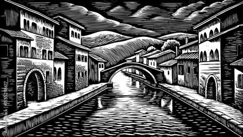 European canal winding through a medieval town, a black and white sketch vector