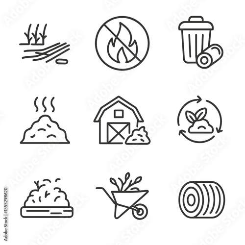 Agricultural Waste Icons. Outline style icons of Agricultural Waste: field residue, crop stubble burning ban, silage wrap bin,