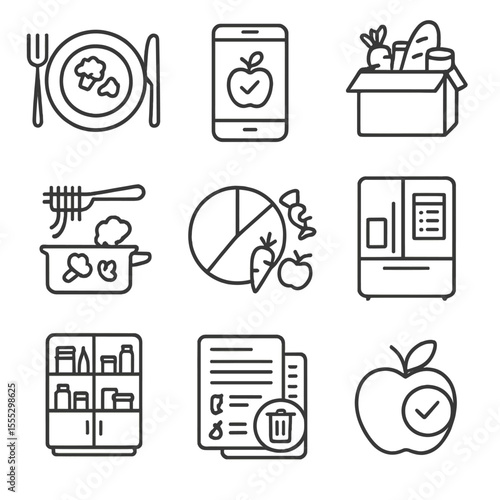 Food Waste Solutions Icons. Outline style icons of Food Waste Solutions: portion control icon, expiry tracking app, food donation