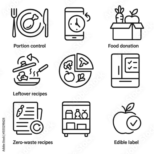 Food Waste Solutions Icons. Outline style icons of Food Waste Solutions: portion control icon, expiry tracking app, food donation