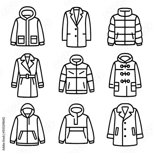 Winter Outerwear Icons. Outline style icons of Winter Outerwear Silhouettes: parka jacket, wool coat, down puffer, trench coat,
