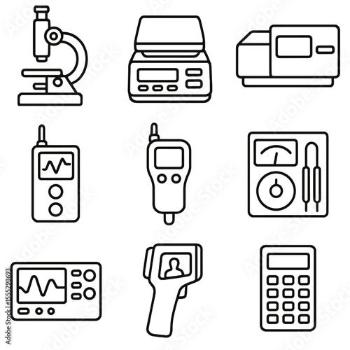 Scientific Electronics Icons. Outline style icons of Scientific Electronics: digital microscope, lab balance reader, spectrometer,