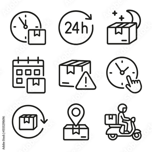 Delivery Icons Set. Outline style icons of Delivery Time Options: clock with package, 24h express icon, overnight box, weekly