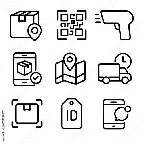 Delivery Tracking Icons. Outline style icons of Tracking and Scanning: package tracking icon, QR code label, barcode reader,
