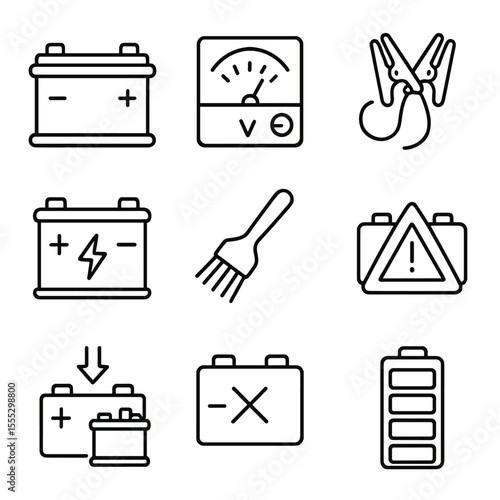 Battery Maintenance Icons. Outline style icons of Battery Maintenance: car battery with terminals, battery voltage meter, jumper
