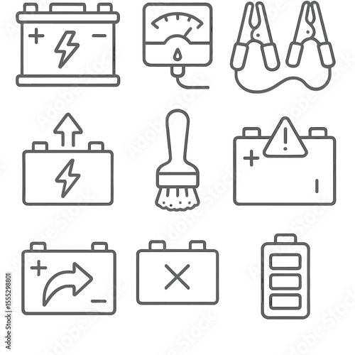 Battery Maintenance Icons. Outline style icons of Battery Maintenance: car battery with terminals, battery voltage meter, jumper