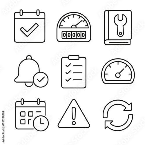 Scheduled Service Icons. Outline style icons of Scheduled Service: service calendar, mileage counter, maintenance logbook,
