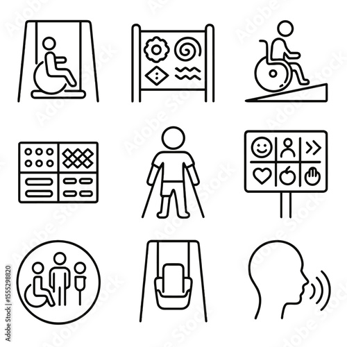 Inclusive Playground Icons. Outline style icons of Inclusive Playground Elements: wheelchair swing, sensory play panel, ramp
