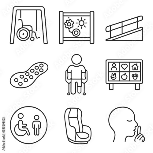 Inclusive Playground Icons. Outline style icons of Inclusive Playground Elements: wheelchair swing, sensory play panel, ramp