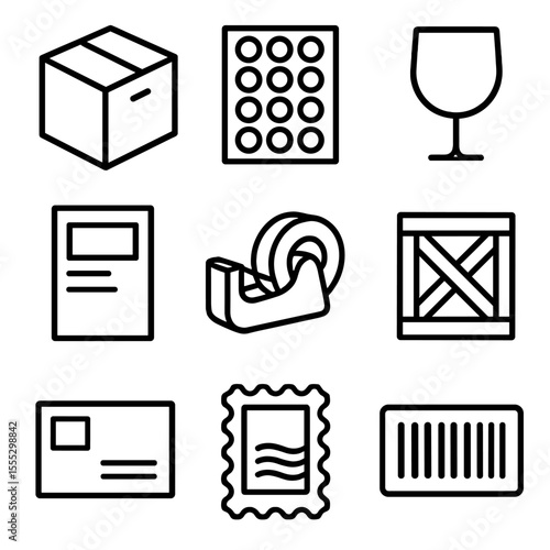 Shipping Icons Collection. Outline style icons of Shipping Materials: cardboard box, bubble wrap, fragile sticker, packing slip,