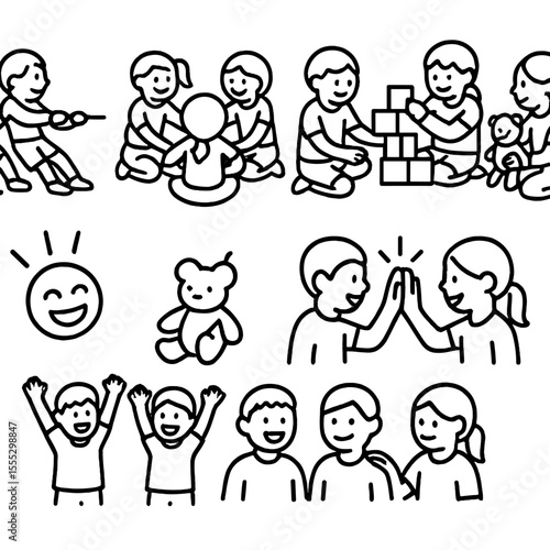 Outline Group Play Icons. Outline style icons of Group Play: team tug-of-war, group circle game, kids building together, shared