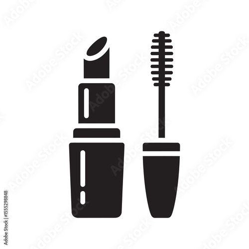 Makeup cosmetics icon with lipstick and mascara for a female beauty and fashion application to create a glamorous style for women vector solid glyph icon