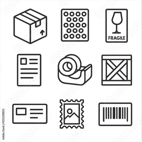 Shipping Icons Collection. Outline style icons of Shipping Materials: cardboard box, bubble wrap, fragile sticker, packing slip,