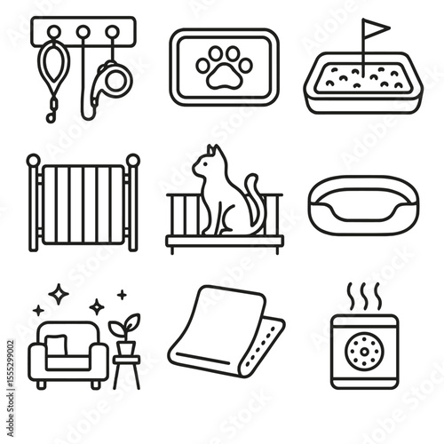 Pet-Friendly Apartment Icons. Outline style icons of Apartment Living with Pets: leash rack, soundproof pet mat, designated potty