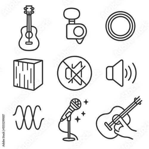 Acoustic Music Icons. Outline style icons of Acoustic Music: acoustic guitar, tuning peg, sound hole, wooden resonance box,