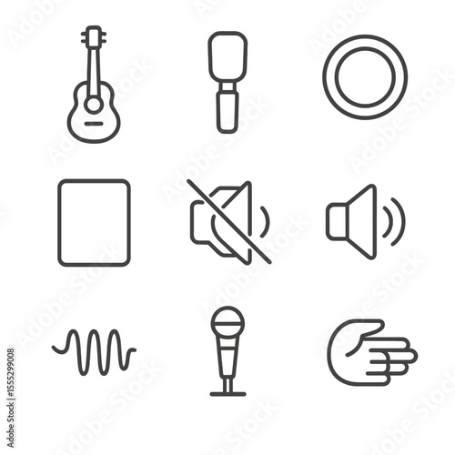 Acoustic Music Icons. Outline style icons of Acoustic Music: acoustic guitar, tuning peg, sound hole, wooden resonance box,