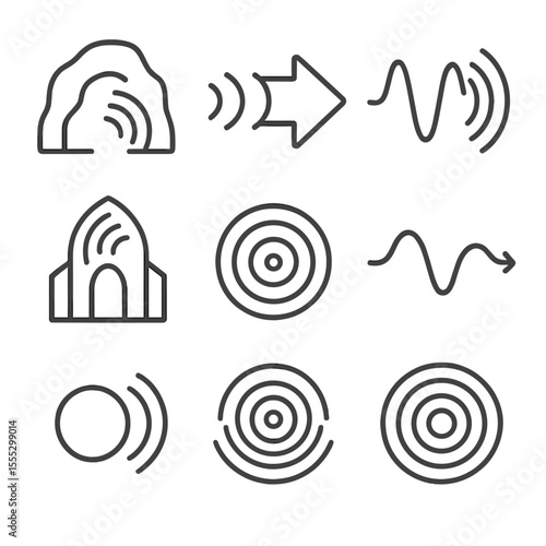 Echo and Reverb Icons. Outline style icons of Echo and Reverb: cave echo symbol, delay icon, reflected soundwave, cathedral reverb