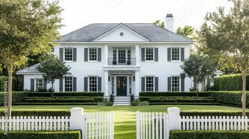 Elegant white colonial house with manicured lawn and white picket fence, showcasing classic American architecture and landscaping.