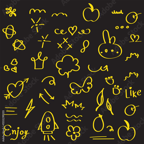 Red pencil hand drawn various oval, chalked arrows, check marks. Vector doodle marker drawing. Hand drawn charcoal symbols for diagrams. Freehand grunge red strikethrough and underline elements