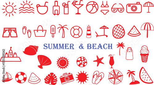 Summer and beach icon set. Contains linear outline icons like holiday, sea, island, wave, ocean, cocktail, bikini, travel, sunglasses, sun, leisure, and more. Editable vector illustration