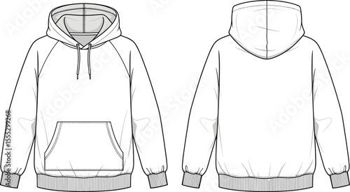 Hoodie flat sketch, vector CAD drawing, front and back view, casual wear design, fashion template, unisex pullover hoodie