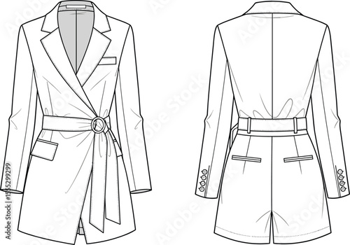Fashion flat sketch, tailored women blazer, vector CAD drawing, belted coat design, technical garment illustration, fashion designer template