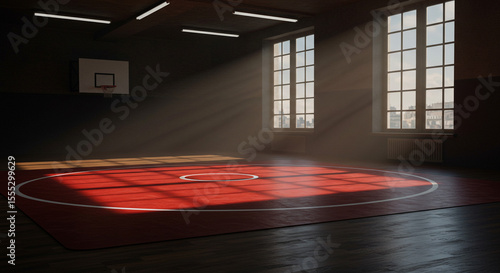 An indoor gymnasium featuring a red wrestling mat with natural light streaming through the windows inside