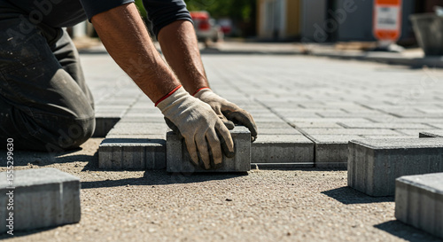A worker installing concrete pavers on the ground wearing gloves and kneeling outdoors in daylight