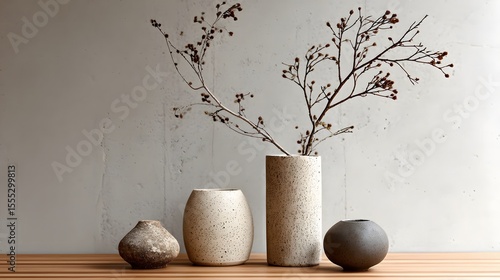 Minimalist ceramic vases with dry branches on neutral background, modern home decor photography concept for lifestyle, interior design, architecture, simplicity and elegance, Generative AI  
