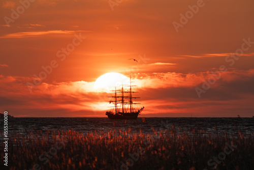 Valokuva Silhouette of a tall sailing ship and a flying bird against the large disk of the sun setting into the sea