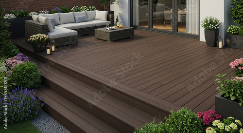 A brown composite deck with a gray wicker sofa and table surrounded by lush green plants and flowers