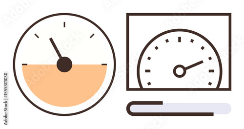 Large analog gauge and digital speedometer display progress while a horizontal bar indicates status. Ideal for performance, evaluation, progress, measurement, monitoring, analytics, reporting, simple