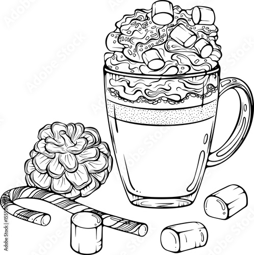 Cappuccino or eggnog with whipped cream, marshmallows and candy cane. Christmas festive drink composition. Cozy holiday. Vector illustration in hand drawn sketch style. Line art isolated on white