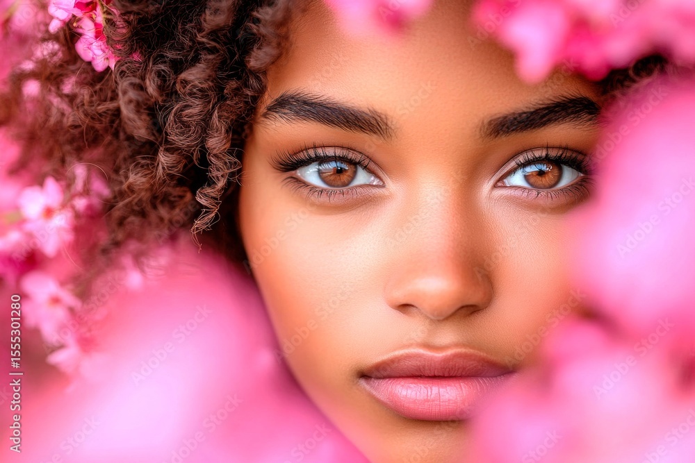 Fototapeta premium Pretty black young woman surrounded by cherry blossoms. Commercial marketing conceptual art. Spring mood, early sunshine and fog. Spring fashion woman with colorful flowers.