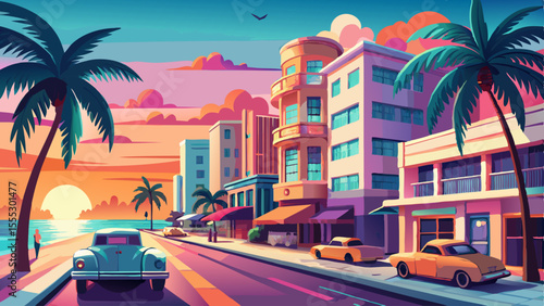 Pastel Art Deco buildings line Ocean Drive, glowing under a warm sunrise. Palm trees sway beside turquoise waters. Classic cars in soft pink and teal reflect the early light. Smooth sand and gentle 