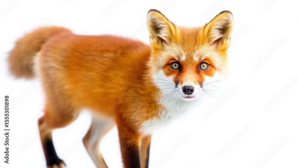 Obraz premium Alert fox with striking green eyes and orange fur against a white background