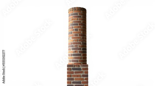 Isolated Brick Chimney Column Against White Background, Architectural Detail.