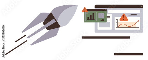 Rocket symbolizing growth beside a web dashboard with alert icons and data charts. Ideal for startup risk, progress monitoring, futuristic technology, innovation, decision-making, failure risk