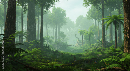 Fototapeta Naklejka Na Ścianę i Meble -  A lush prehistoric forest with tall trees ferns and a distant dinosaur in a misty jurassic landscape