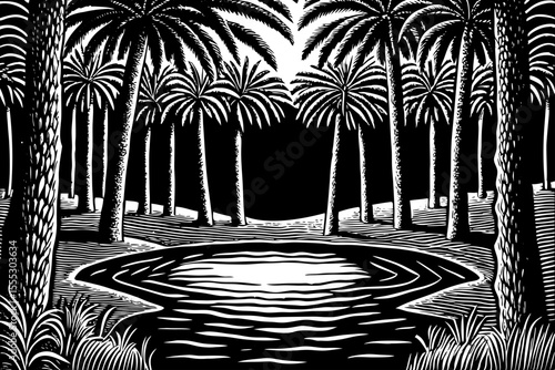 Desert oasis with palm trees and a still pond in the center, a black and white sketch vector hand drawn