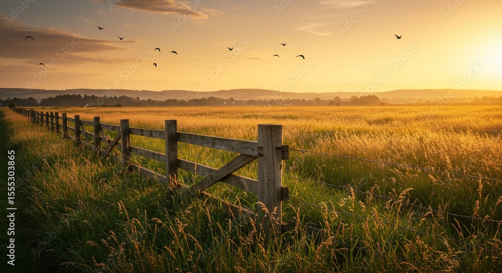 Obraz premium Golden Hour Meadow with Wooden Fence and Birds in Flight