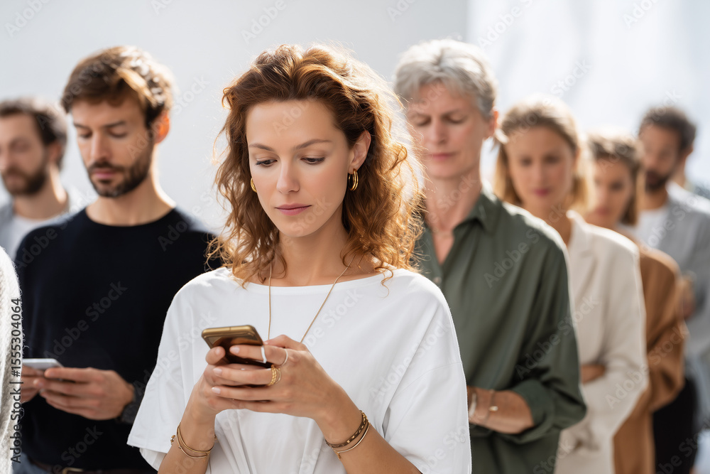 Obraz premium A company of office people with smartphones in their hands. People with cell phones in their hands. Concept: addiction to the Internet and smartphones, social isolation, modern loneliness.